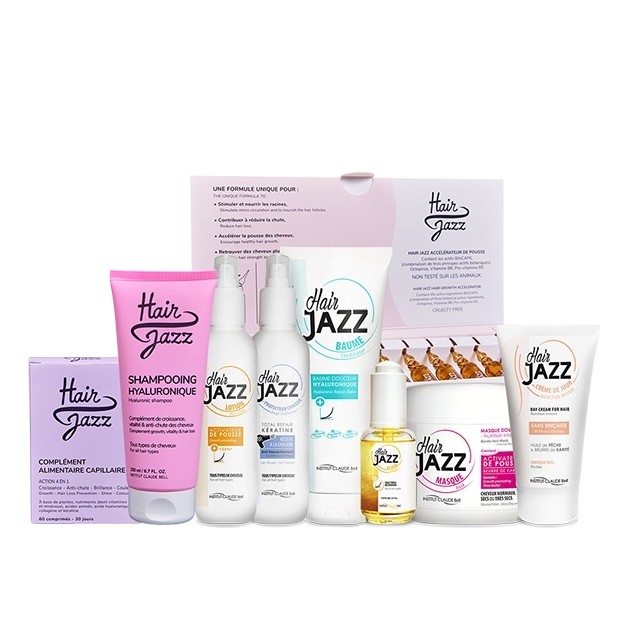 Hair Jazz Haarwachstum-Set: Shampoo, Spülung, Maske, Lotion, Serum, Vitamine, Leave-In-Haarcreme, Hitzeschutz und Ampullen
